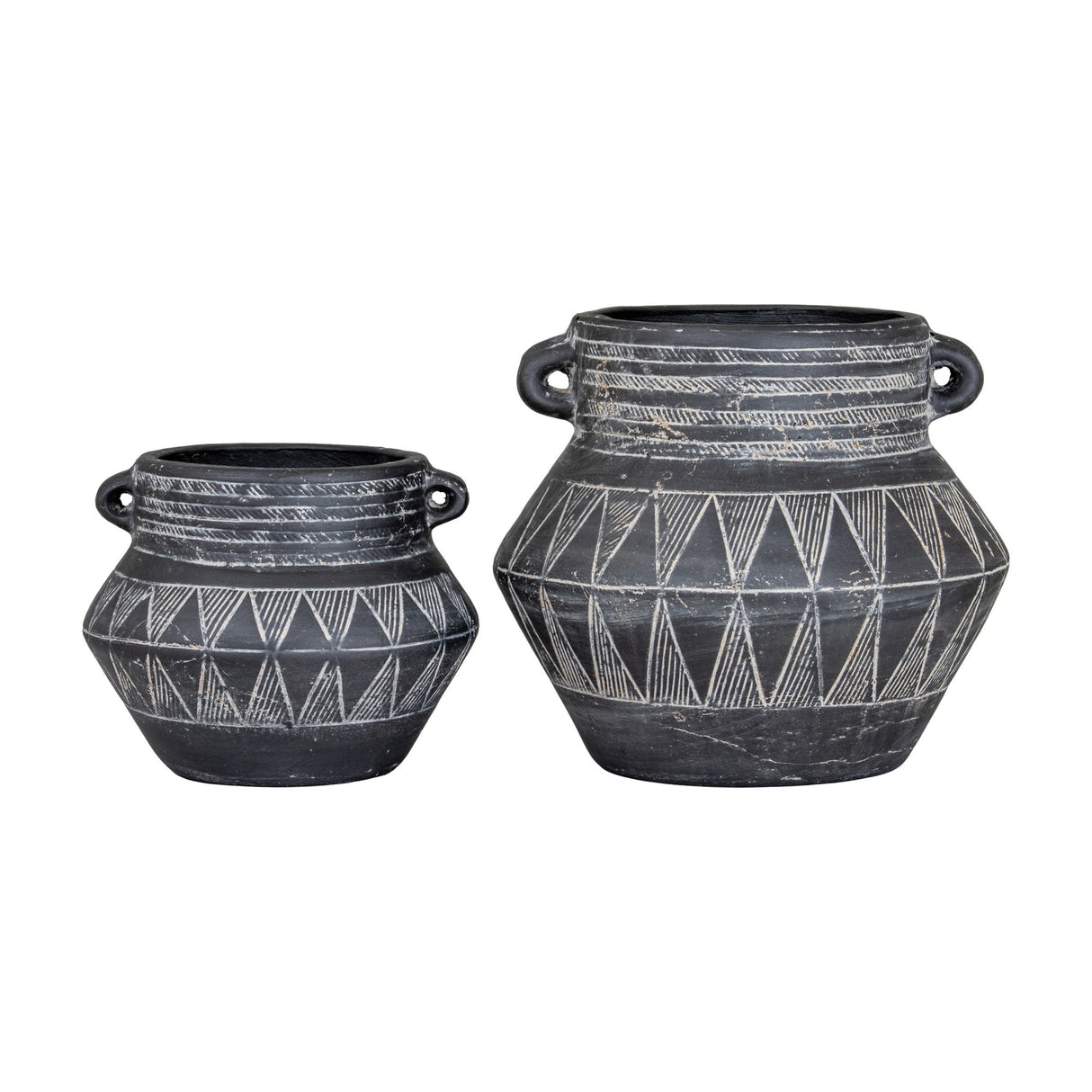Hill Interiors Tall Etched Ceramic Planters in black with triangular etched patterns and side handles, shown in two sizes on a white background.