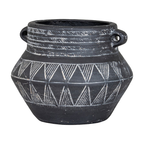 Hill Interiors Etched Ceramic Planter in black with ribbed neck, triangular etched pattern and twin side handles, shown on a white background.