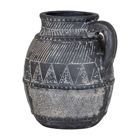 Hill Interiors Etched Tall Ceramic Jug in black with tribal triangle and crosshatch etched patterns and a curved side handle, on a white background.
