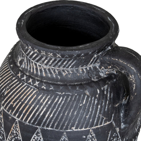 Close-up of Hill Interiors Etched Tall Ceramic Jug in black, showing the rim, handle and etched geometric surface texture across the glazed body.