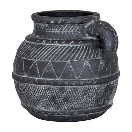 Hill Interiors Etched Ceramic Jug in black with rounded belly, side handle and incised geometric banding, shown on a plain white background.