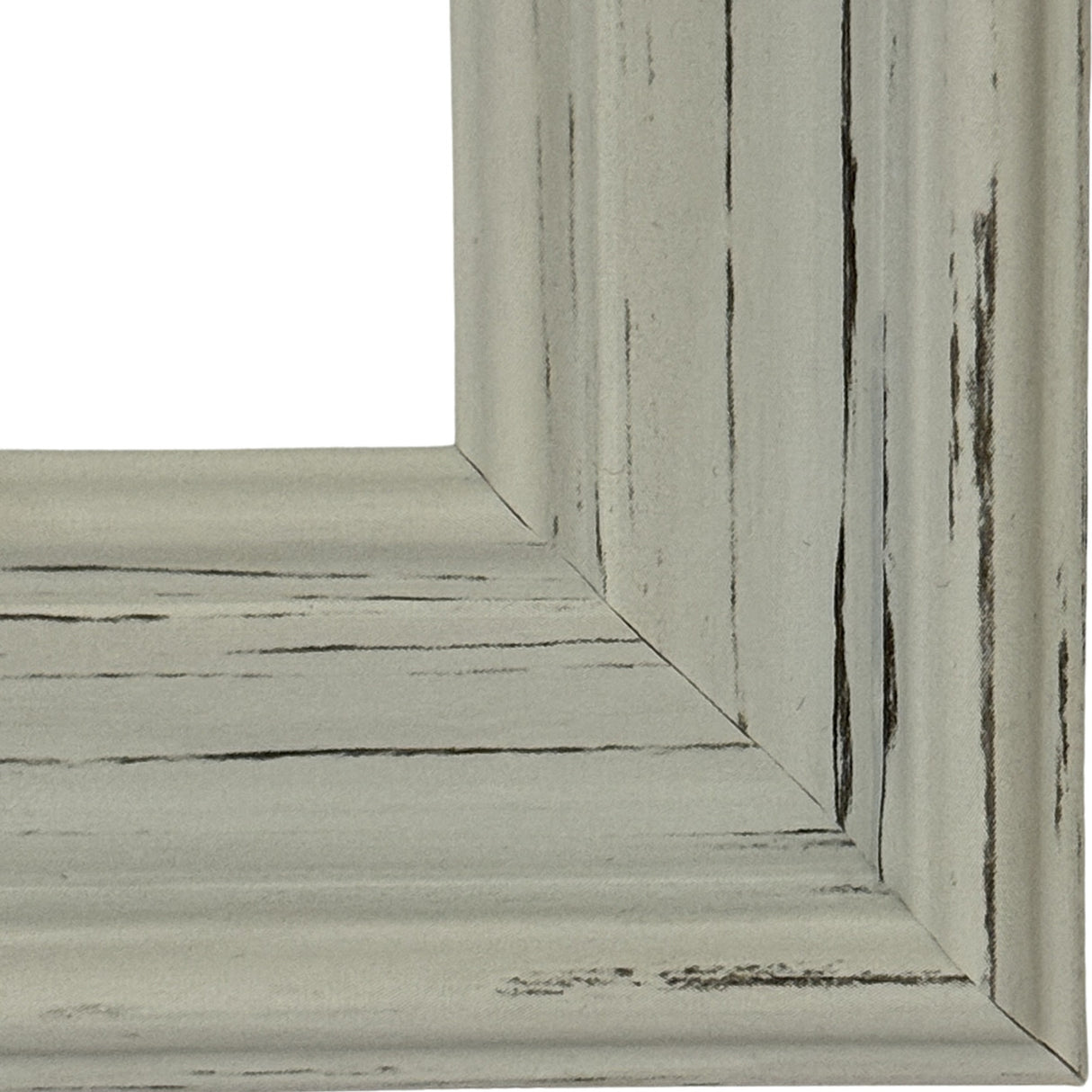 Close-up corner detail of the Hill Interiors White Wooden Photo Frame, showing distressed white paint with dark grain streaks along the mitred wooden moulding.