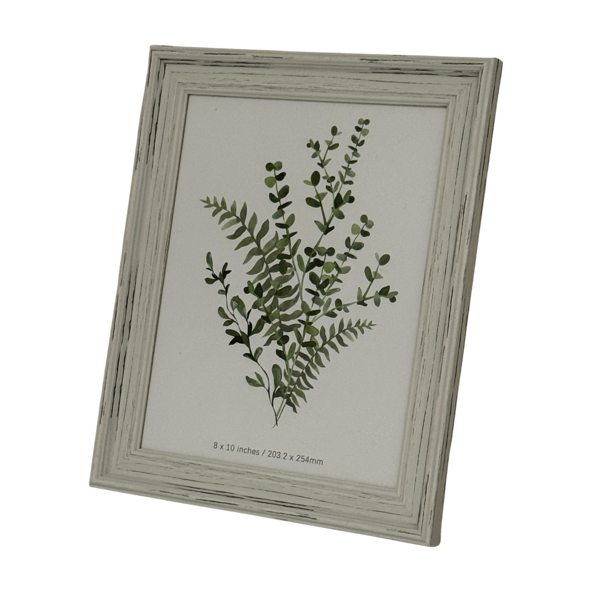 Hill Interiors wooden 8x10in photo frame in distressed white finish with moulded profile, displaying a botanical print, shown on a plain background.