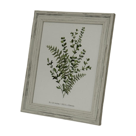 Hill Interiors wooden 8x10in photo frame in distressed white finish with moulded profile, displaying a botanical print, shown on a plain background.