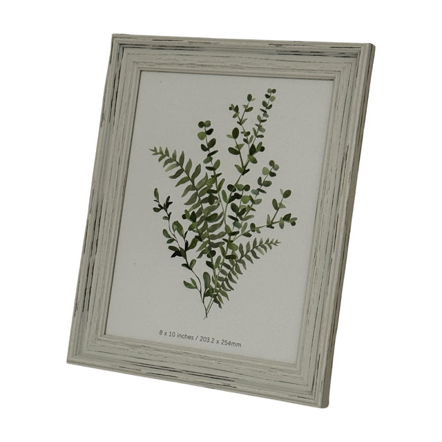 Hill Interiors wooden 8x10in photo frame in distressed white finish with moulded profile, displaying a botanical print, shown on a plain background.