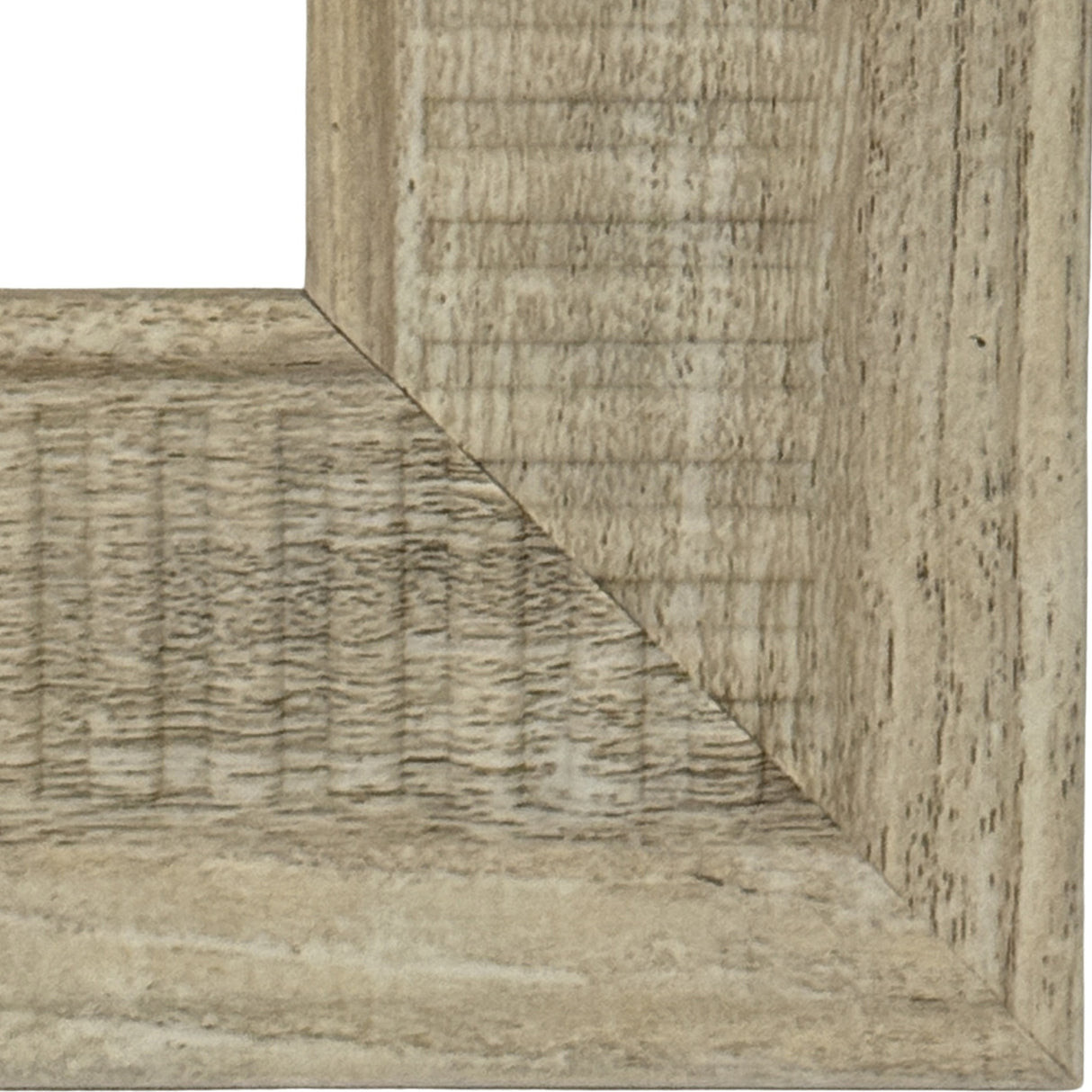Close-up corner detail of Hill Interiors White Wooden Photo Frame showing the pale painted wood grain and mitred joint against a white background.