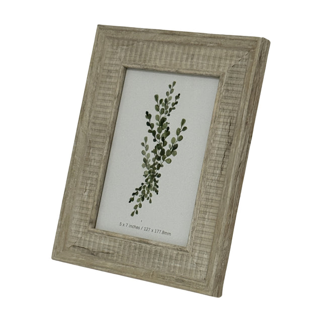 Hill Interiors white wooden 5x7in photo frame with textured painted finish, displayed upright on a plain background with a botanical print insert.