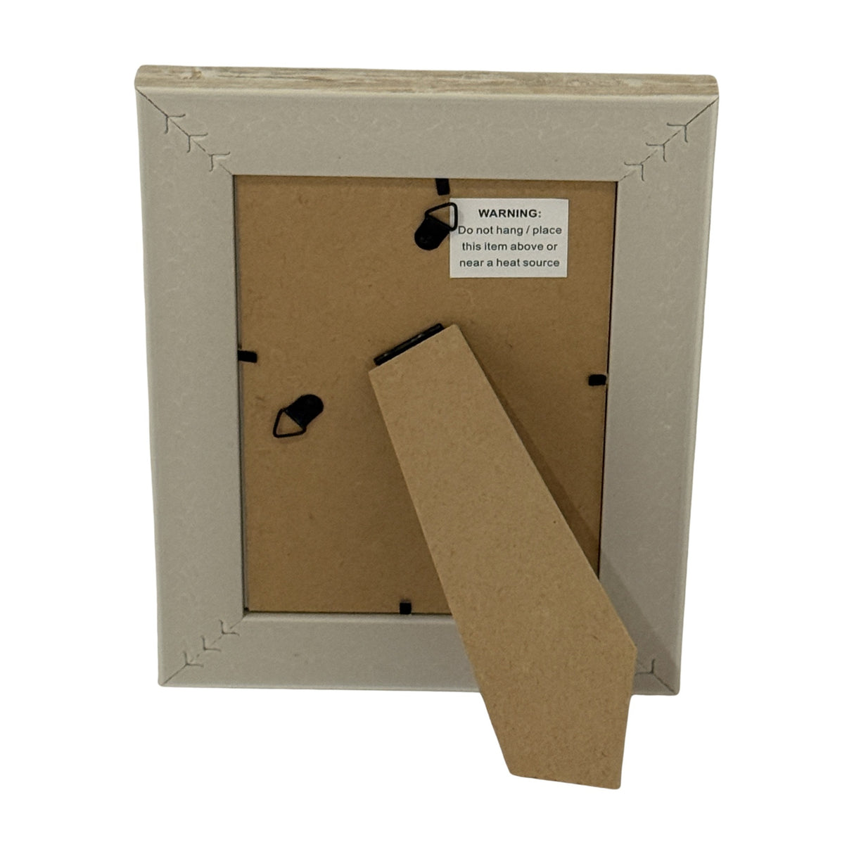 Back view of Hill Interiors white wooden photo frame showing kraft backing board, twin hanging hooks and fold-out easel stand on a white background.