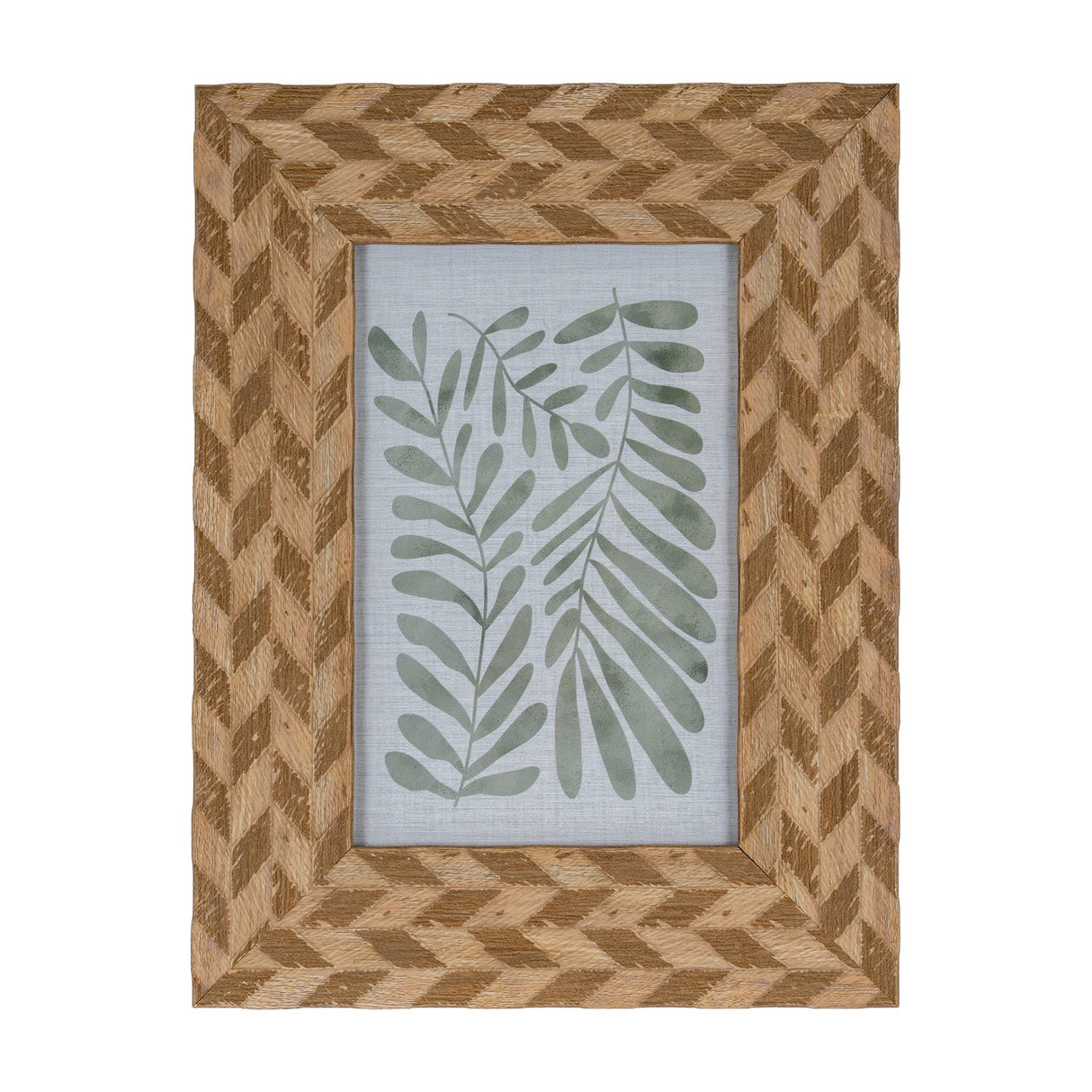 Hill Interiors Wooden Photo Frame 4x6 in brown with a chevron-patterned wood surround, displaying a green botanical leaf print on a light background.