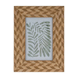 Hill Interiors Wooden Photo Frame 4x6 in brown with a chevron-patterned wood surround, displaying a green botanical leaf print on a light background.