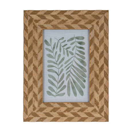 Hill Interiors Wooden Photo Frame 4x6 in brown with a chevron-patterned wood surround, displaying a green botanical leaf print on a light background.