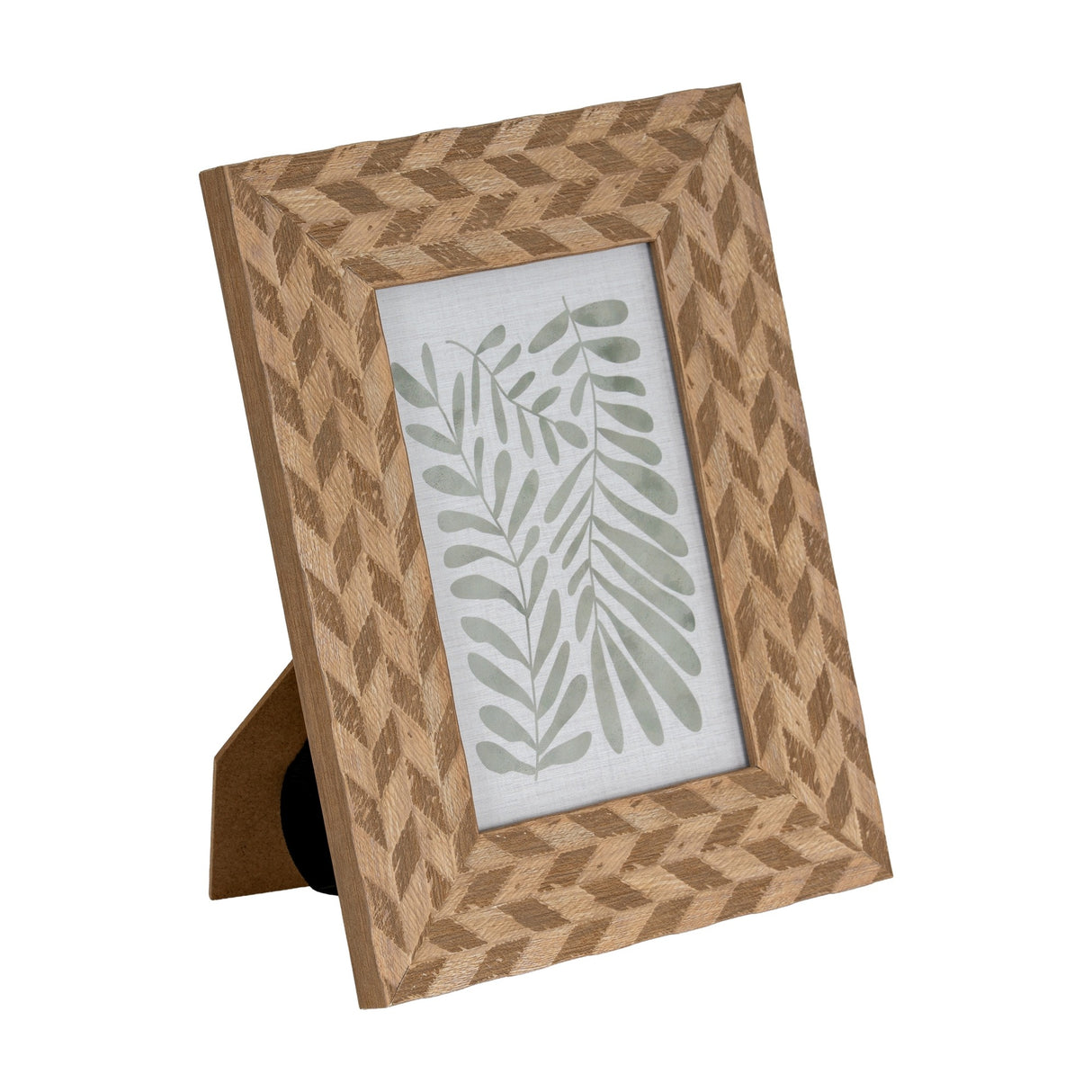 Hill Interiors wooden 4x6 photo frame in brown with a geometric chevron carved pattern, freestanding with rear kickstand, on a plain white background.