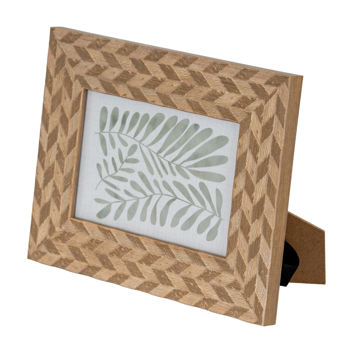 Hill Interiors wooden 4x6 photo frame in brown with chevron patterned grain, freestanding with sample leaf print, on a white background.