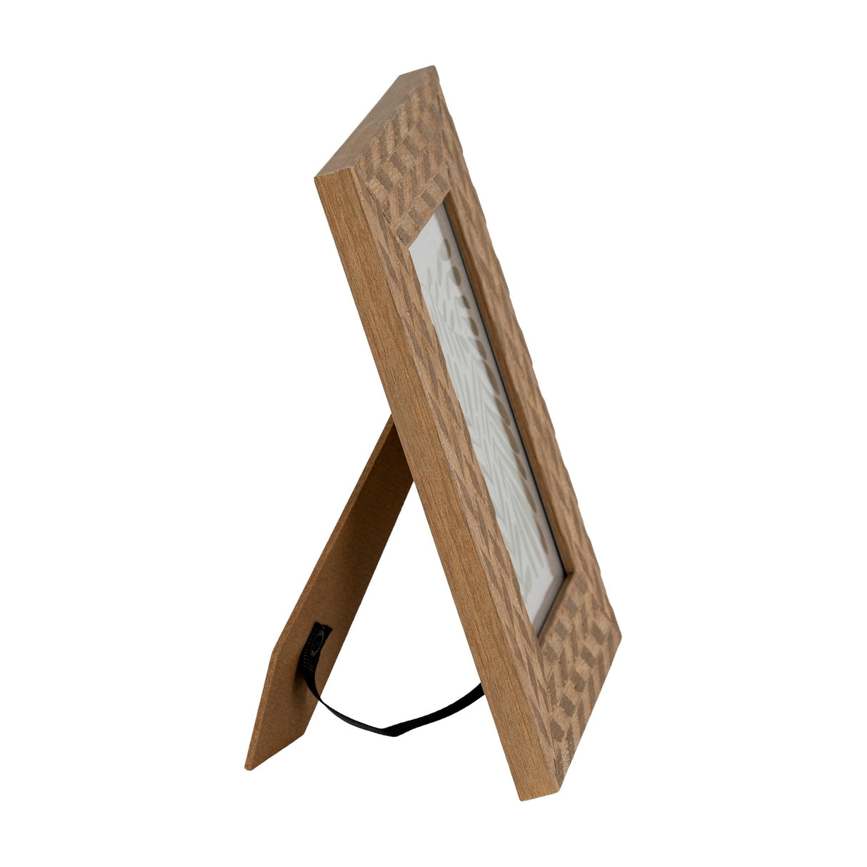 Hill Interiors wooden 4x6 photo frame in brown, side view showing carved chevron pattern and freestanding easel back on a white background.