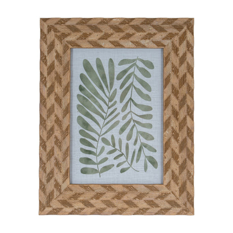 Hill Interiors 5x7 wooden photo frame in brown with a chevron-patterned timber surround, displaying a green botanical leaf print on a light background.