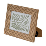 Hill Interiors wooden 5x7 photo frame in brown with chevron-patterned grain surround, back strut, displaying a green fern print on a white background.