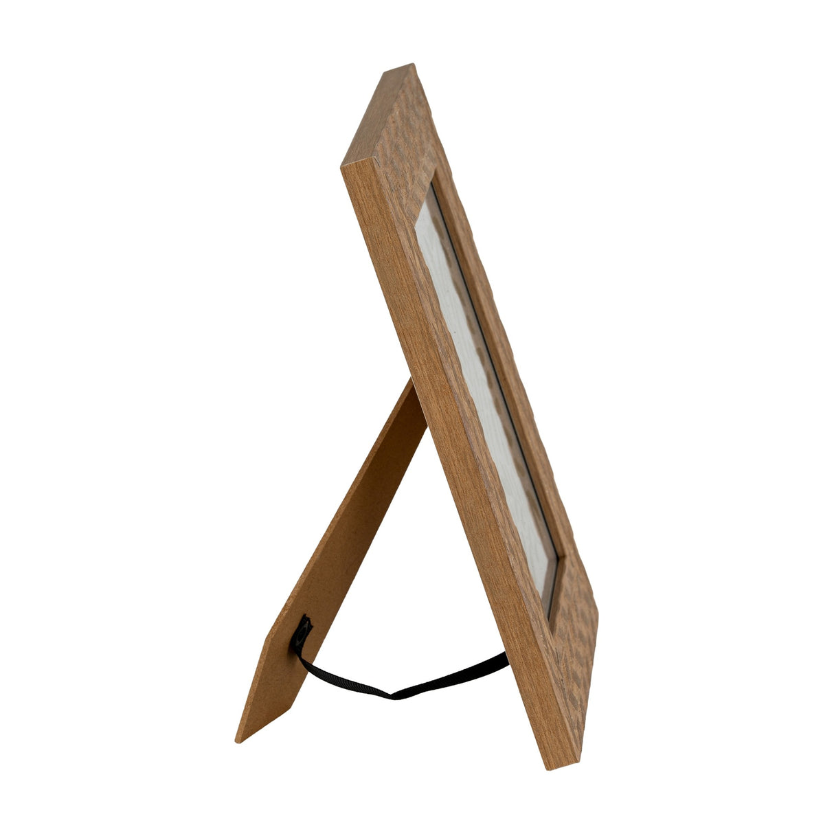 Hill Interiors 5x7 wooden photo frame in brown, shown from the side with back strut extended, highlighting the timber grain against a white background.