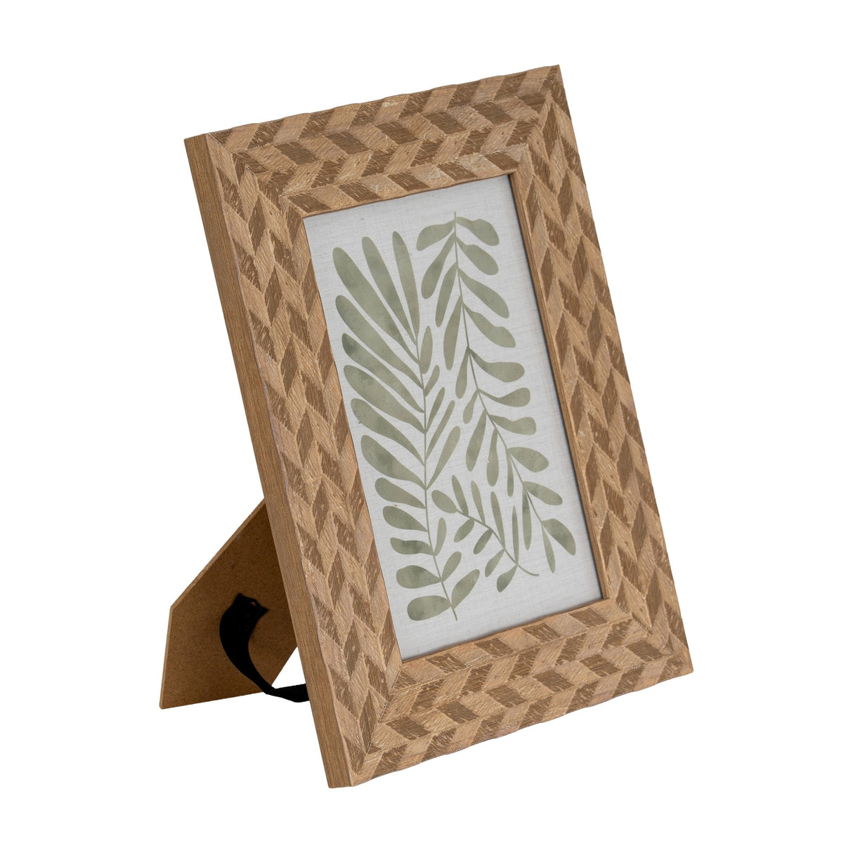Hill Interiors 5x7 wooden photo frame in brown with a geometric diamond pattern, back strut visible, displaying a green leaf print on a white background.