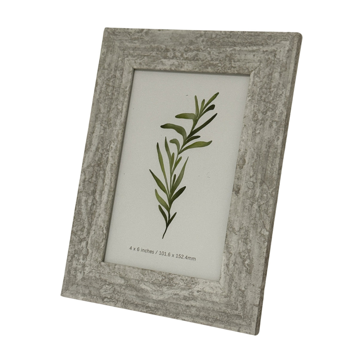 Hill Interiors Wooden Photo Frame 4x6 in a distressed white finish, displayed upright at an angle with a botanical print insert on a plain white background.
