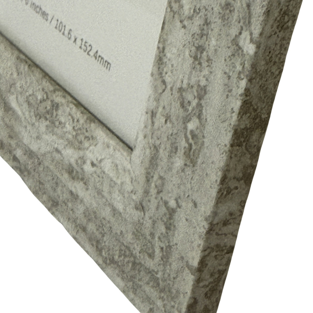 Close-up of Hill Interiors Wooden Photo Frame 4x6 in white, showing mitred corner detail and a mottled grey painted finish with size label visible.