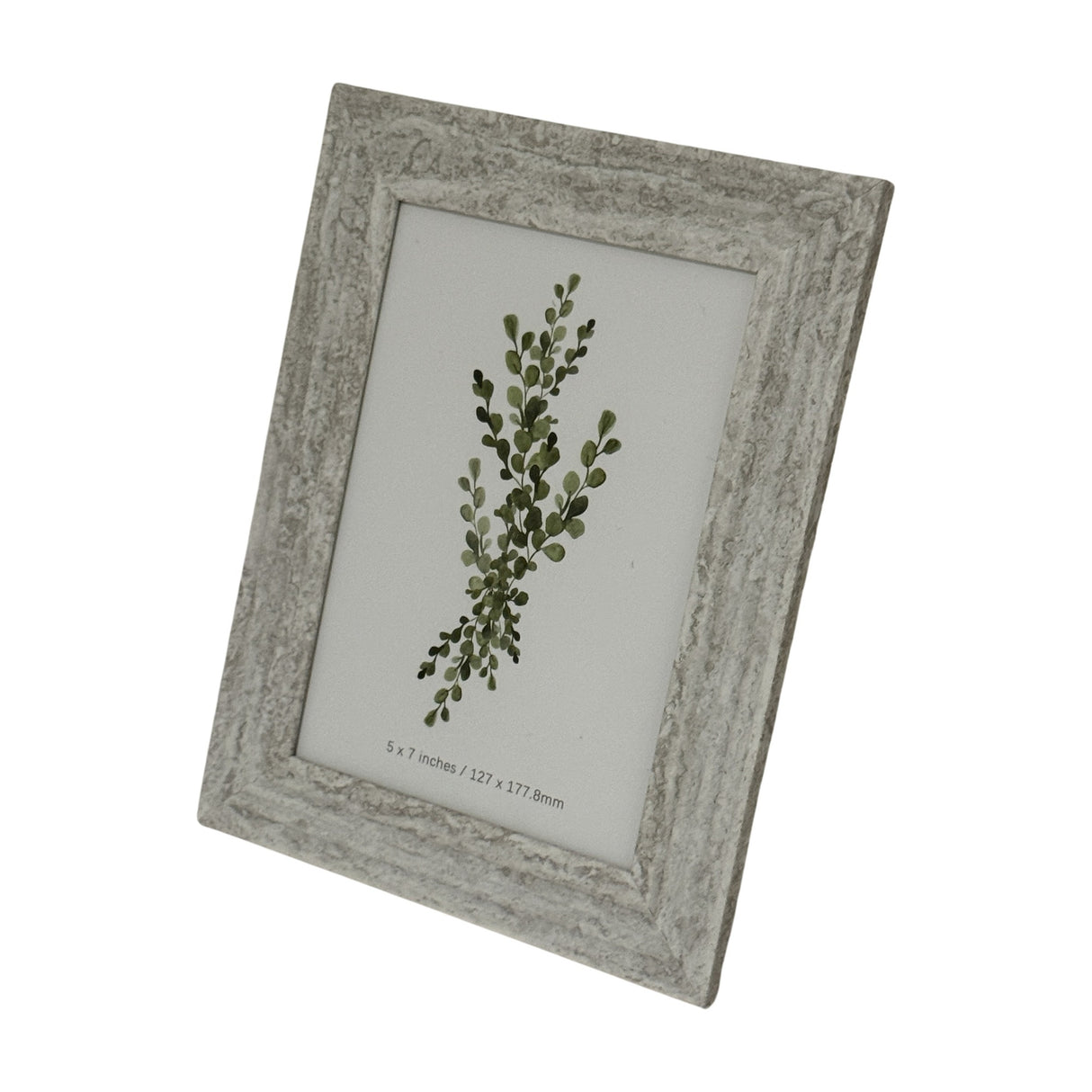 Hill Interiors 5x7 wooden photo frame with a textured pale grey-white painted finish, displaying a botanical print, shown against a plain white background.