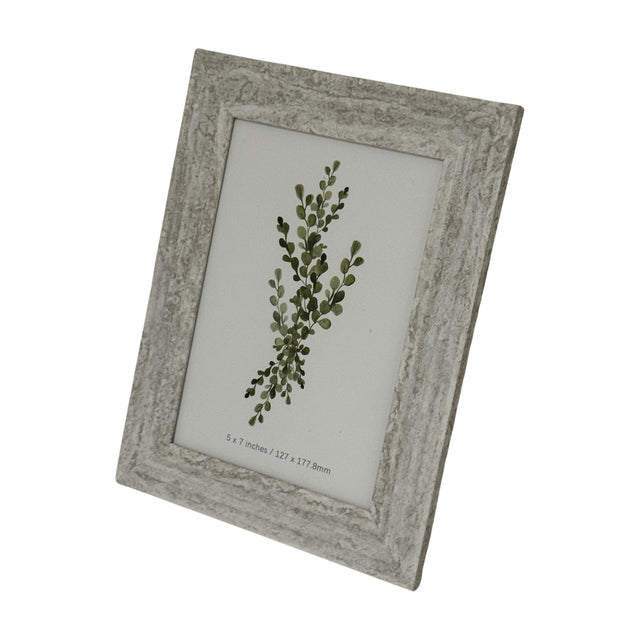 Hill Interiors 5x7 wooden photo frame with a textured pale grey-white painted finish, displaying a botanical print, shown against a plain white background.