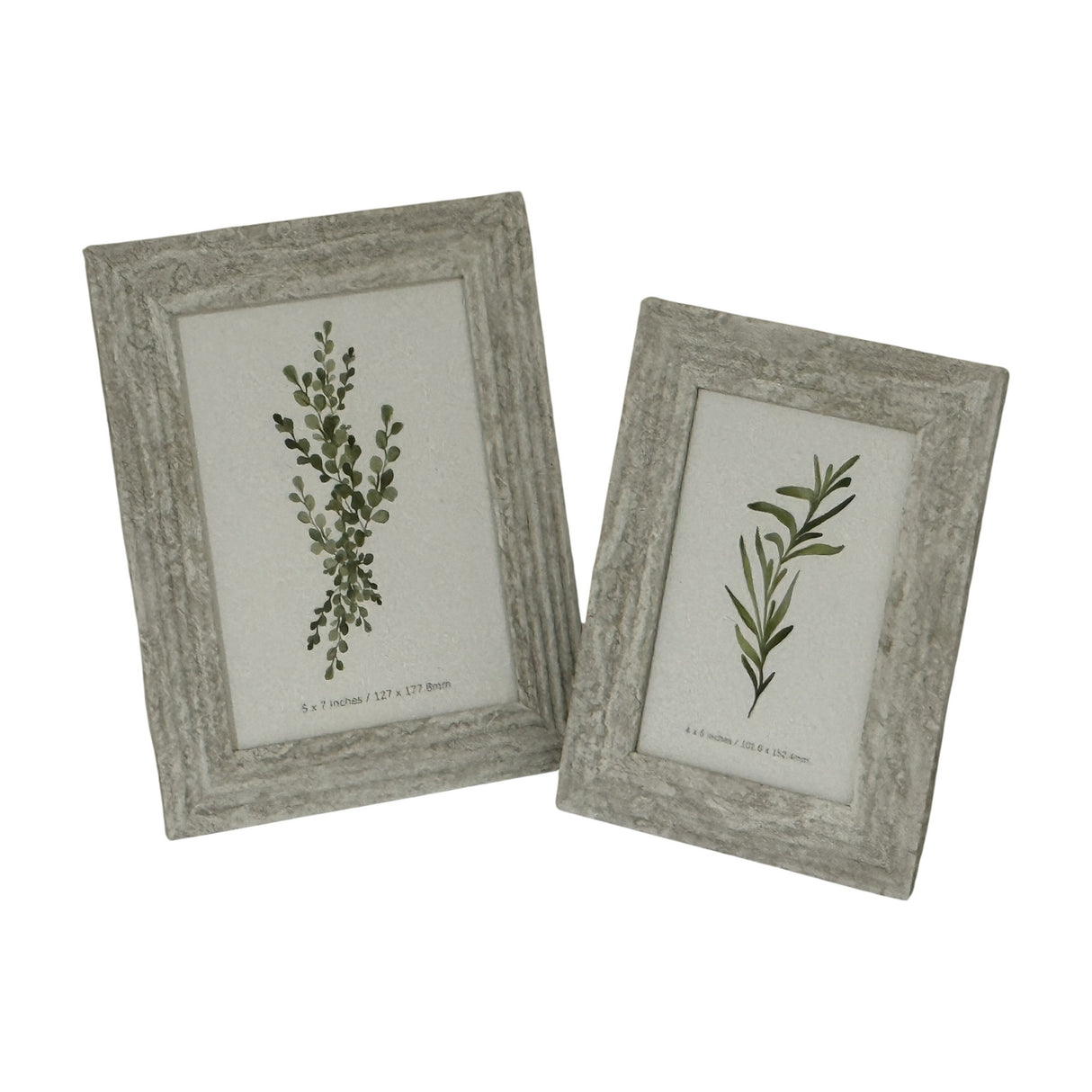 Pair of Hill Interiors wooden 5x7 photo frames in a distressed grey-white finish, displaying botanical prints on a plain white background.