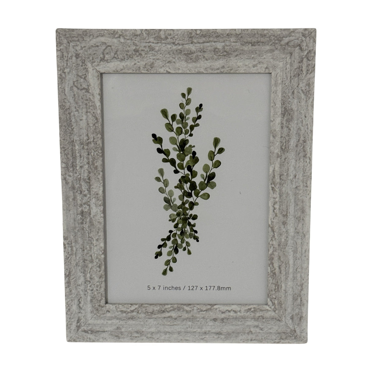 Hill Interiors wooden 5x7 photo frame with a distressed white and grey paint finish, displaying a green botanical print on a plain background.
