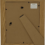 Back view of Hill Interiors brown wooden 8x10 photo frame showing kraft backing, hanging hooks, fold-out easel stand and a heat source warning label.