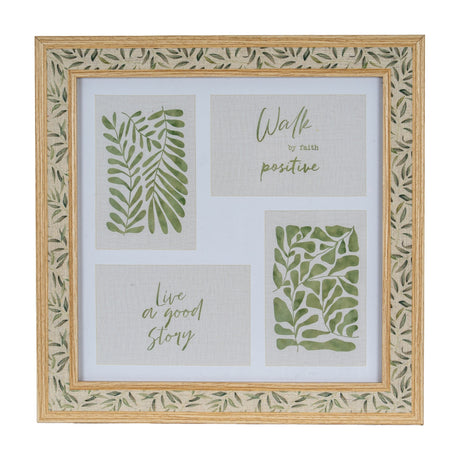 Hill Interiors Wooden Photo Frame in brown with a leaf-patterned inner border, holding four apertures with botanical prints and positive quote artwork.