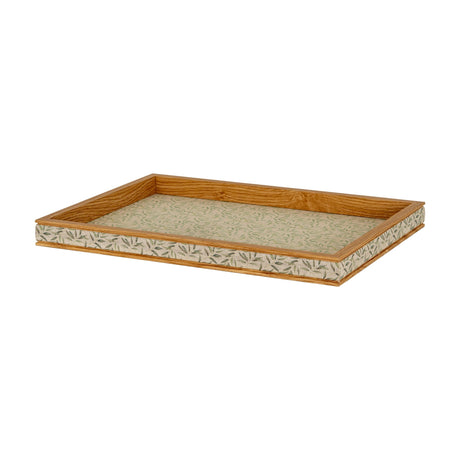 Hill Interiors rectangular wooden serving tray with a brown oak frame and botanical leaf-patterned fabric base and sides, shown on a plain white background.