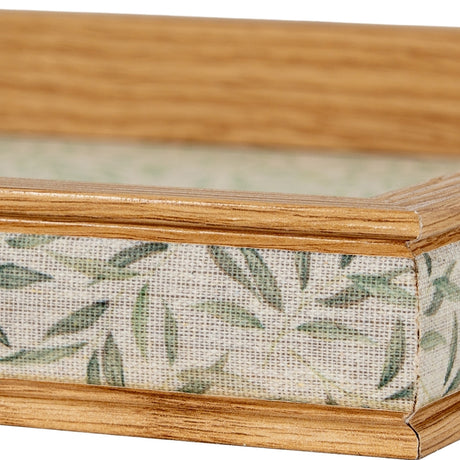 Close-up of Hill Interiors Rectangular Wooden Serving Tray in brown, showing the raised wooden rim and green leaf-patterned fabric detail along the side panel.