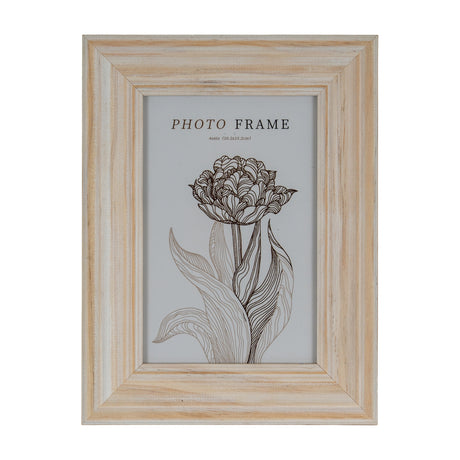 Hill Interiors wooden 4x6 photo frame in soft white painted finish with visible grain, displaying a floral line-art insert, on a plain white background.