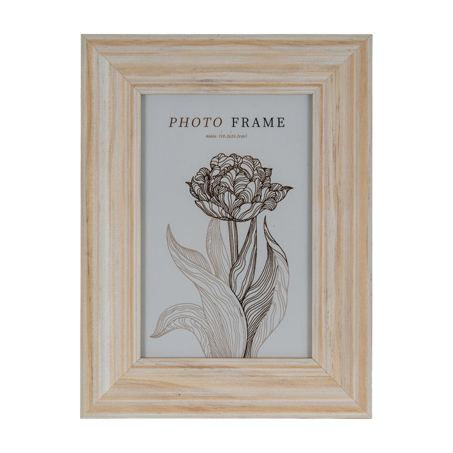 Hill Interiors wooden 4x6 photo frame in soft white painted finish with visible grain, displaying a floral line-art insert, on a plain white background.
