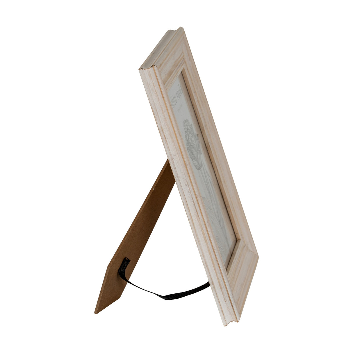 Hill Interiors Wooden Photo Frame 5x7 in white shown from the side with kraft easel back on a plain white background.