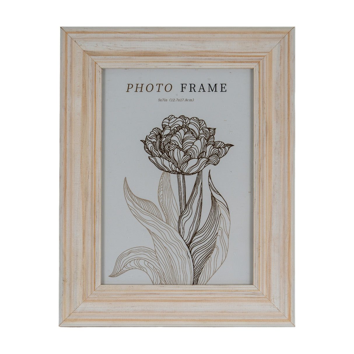 Hill Interiors wooden 5x7 photo frame with a whitewashed painted finish showing natural grain, displaying a floral line drawing insert on a white background.