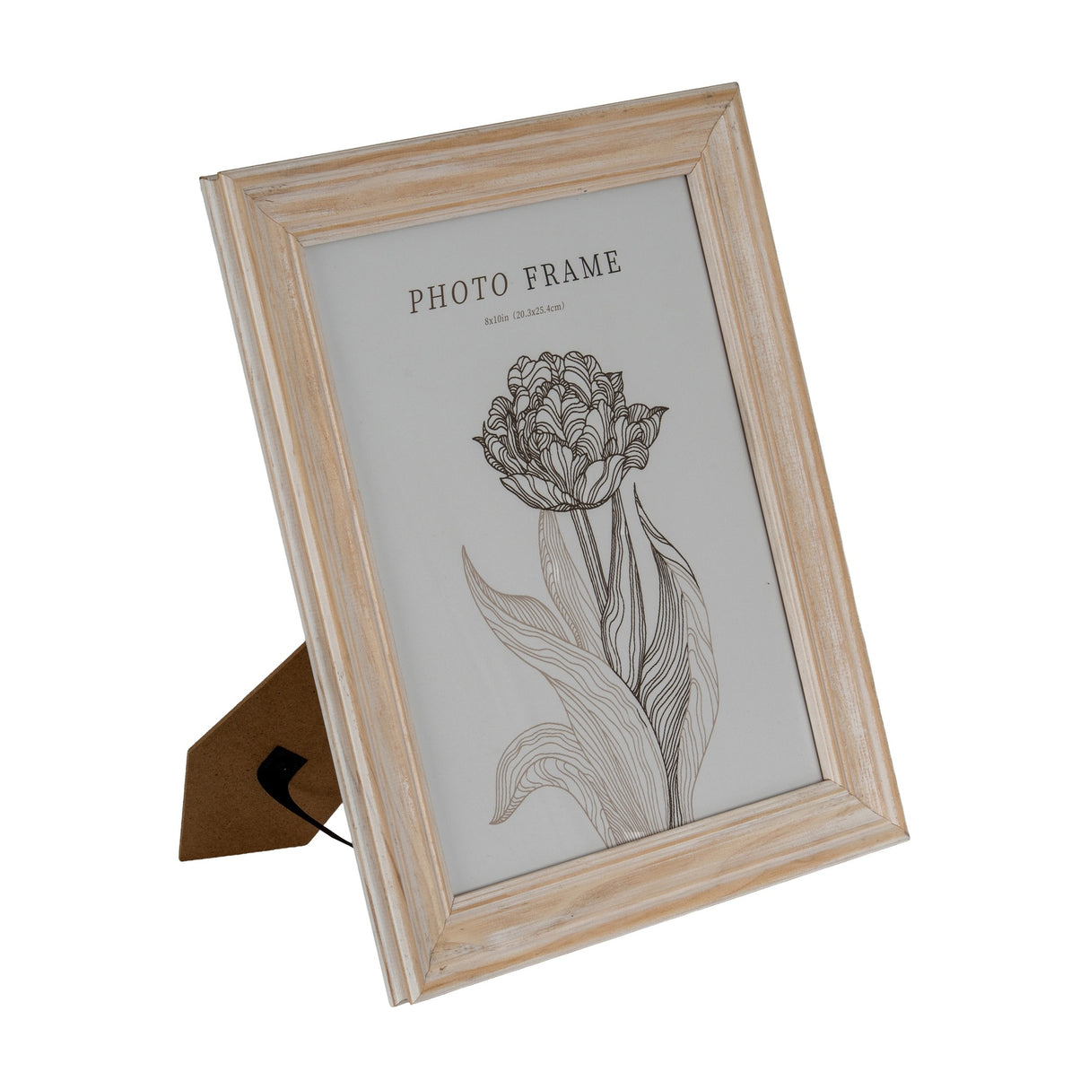 Hill Interiors wooden 8x10 photo frame in a whitewashed finish with profiled edge, shown angled with kickstand back on a plain white background.