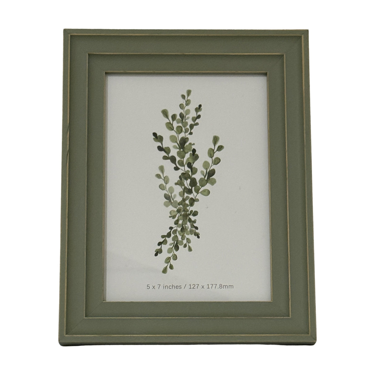 Hill Interiors Wooden Photo Frame 5x7 in grey with visible wood grain, displaying a botanical print of green foliage on a plain background.