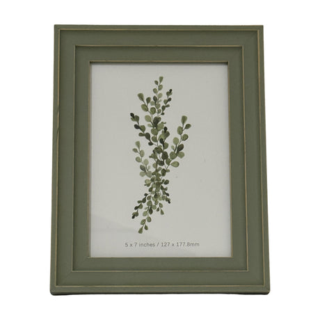Hill Interiors Wooden Photo Frame 5x7 in grey with visible wood grain, displaying a botanical print of green foliage on a plain background.