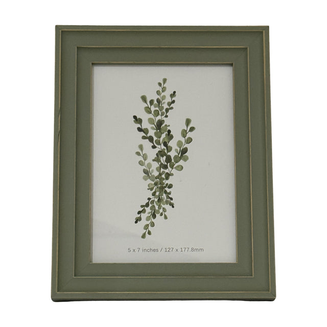Hill Interiors Wooden Photo Frame 5x7 in grey with visible wood grain, displaying a botanical print of green foliage on a plain background.
