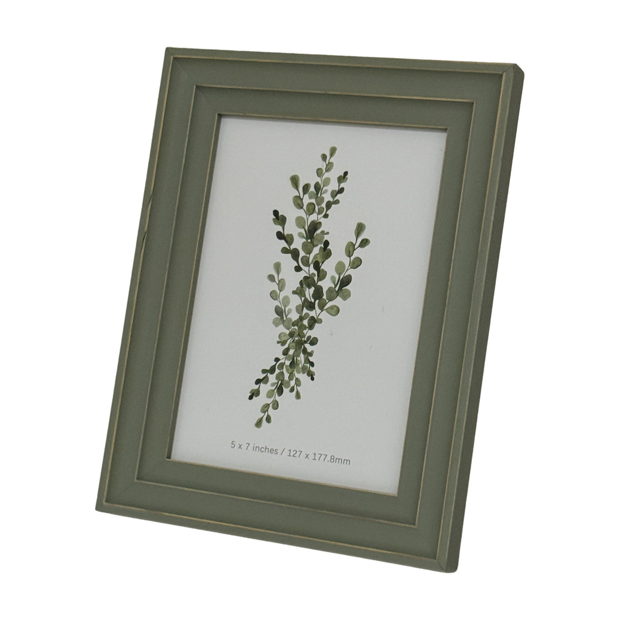 Hill Interiors wooden 5x7 photo frame with soft grey finish and visible grain, displayed at an angle showing a botanical print, on a white background.