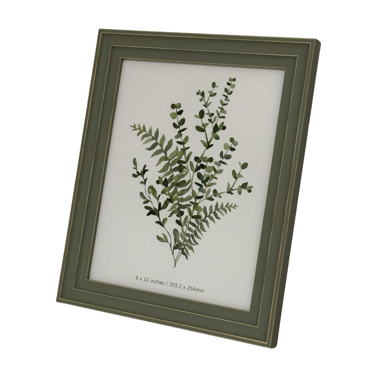 Hill Interiors 8x10 wooden photo frame in soft grey with a moulded profile, displaying a botanical print, shown at an angle on a white background.