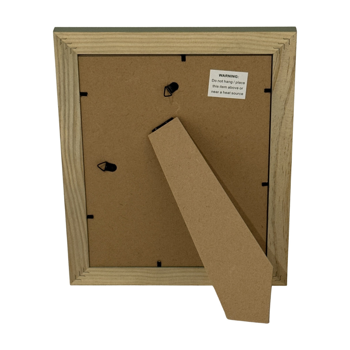 Back view of Hill Interiors 8x10 wooden photo frame in grey, showing MDF backing, hanging tabs, warning label and fold-out easel stand on white.
