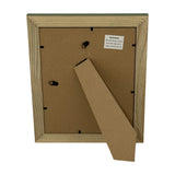 Back view of Hill Interiors 8x10 wooden photo frame in grey, showing MDF backing, hanging tabs, warning label and fold-out easel stand on white.