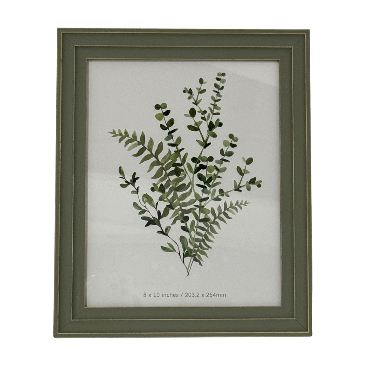 Hill Interiors 8x10 wooden photo frame in soft grey with a moulded profile, displaying a watercolour botanical print of green foliage on a white background.
