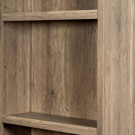 Close-up of the Hill Interiors Illuminated Wooden Bookcase Display Unit in brown, showing the natural grain and open shelf compartments.