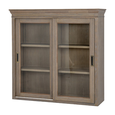 Hill Interiors Sliding Glass Dresser Top Cabinet in brown wood with two sliding glass doors, three interior shelves and recessed handles, on a white background.