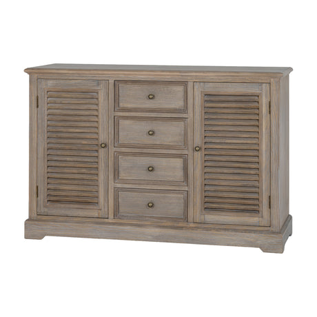 Hill Interiors Wooden Louvred Dresser Base in brown, featuring two louvred cupboard doors flanking a central column of four drawers with round knobs.