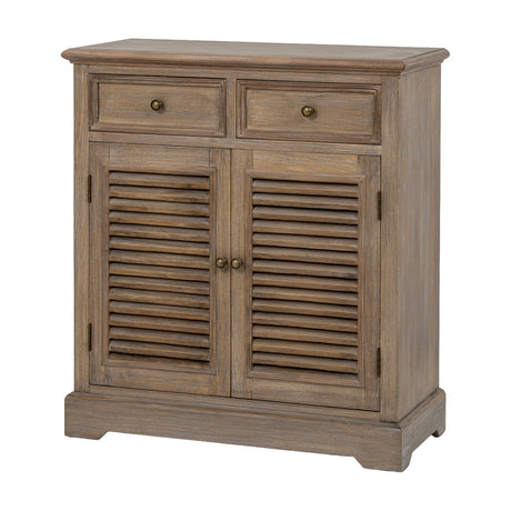 Hill Interiors Wooden Louvred Two-Door Chest in brown, featuring two upper drawers with round knobs above a pair of louvred cabinet doors on a plinth base.