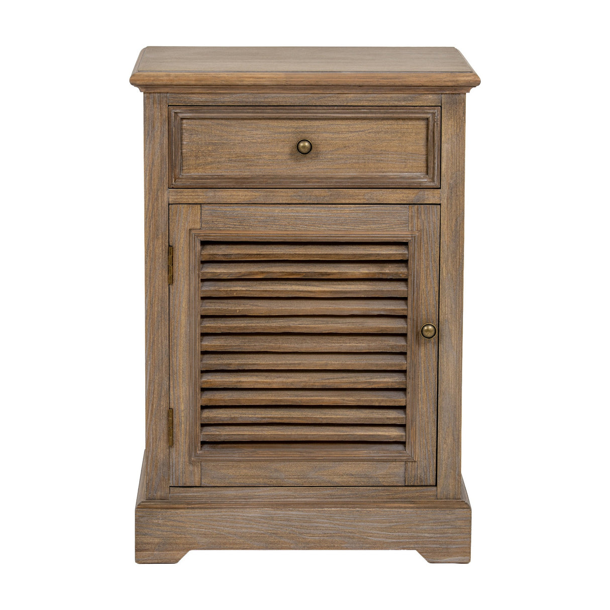 Hill Interiors brown wood bedside cabinet with a single top drawer above a left hand louvred door, brass knobs, on a plain white background.